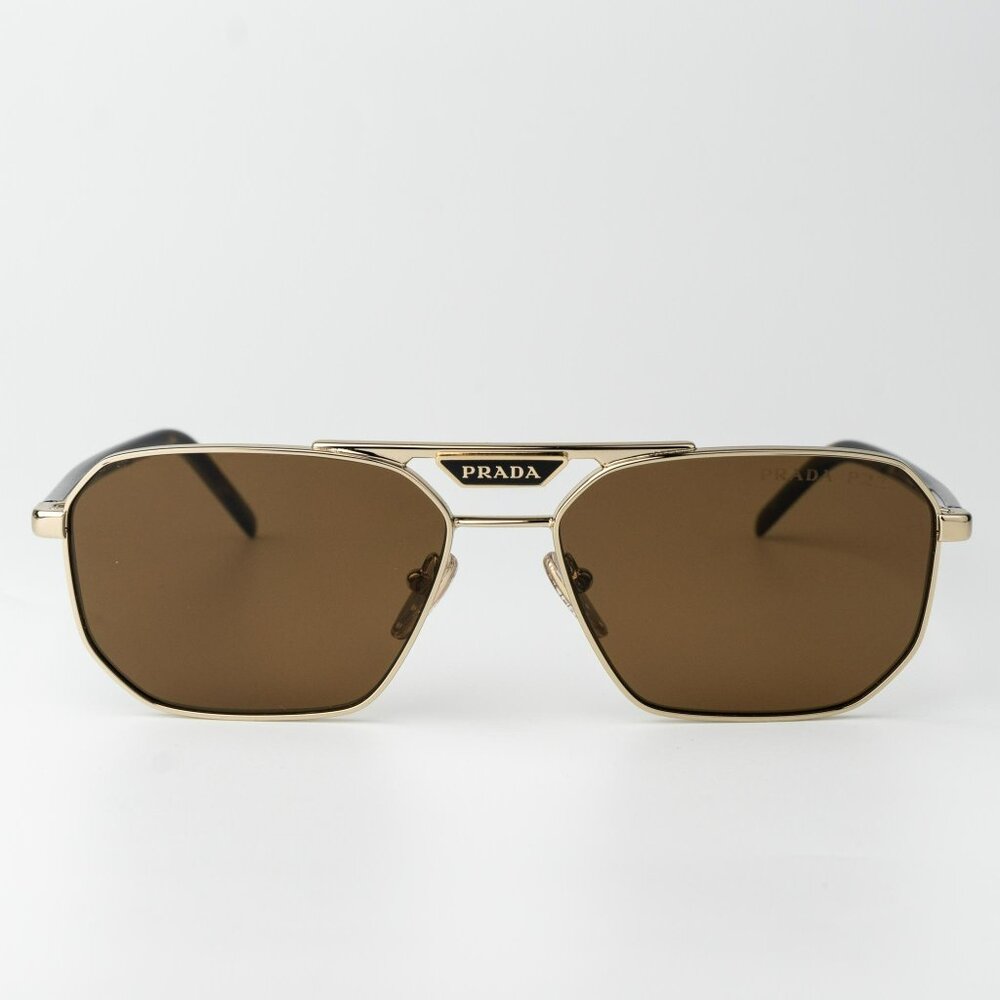 Prada Men Sunglasses Gold Brown Polarized Pilot Men PR58YS ZVN5Y1 BRAND NEW - Picture 1 of 12